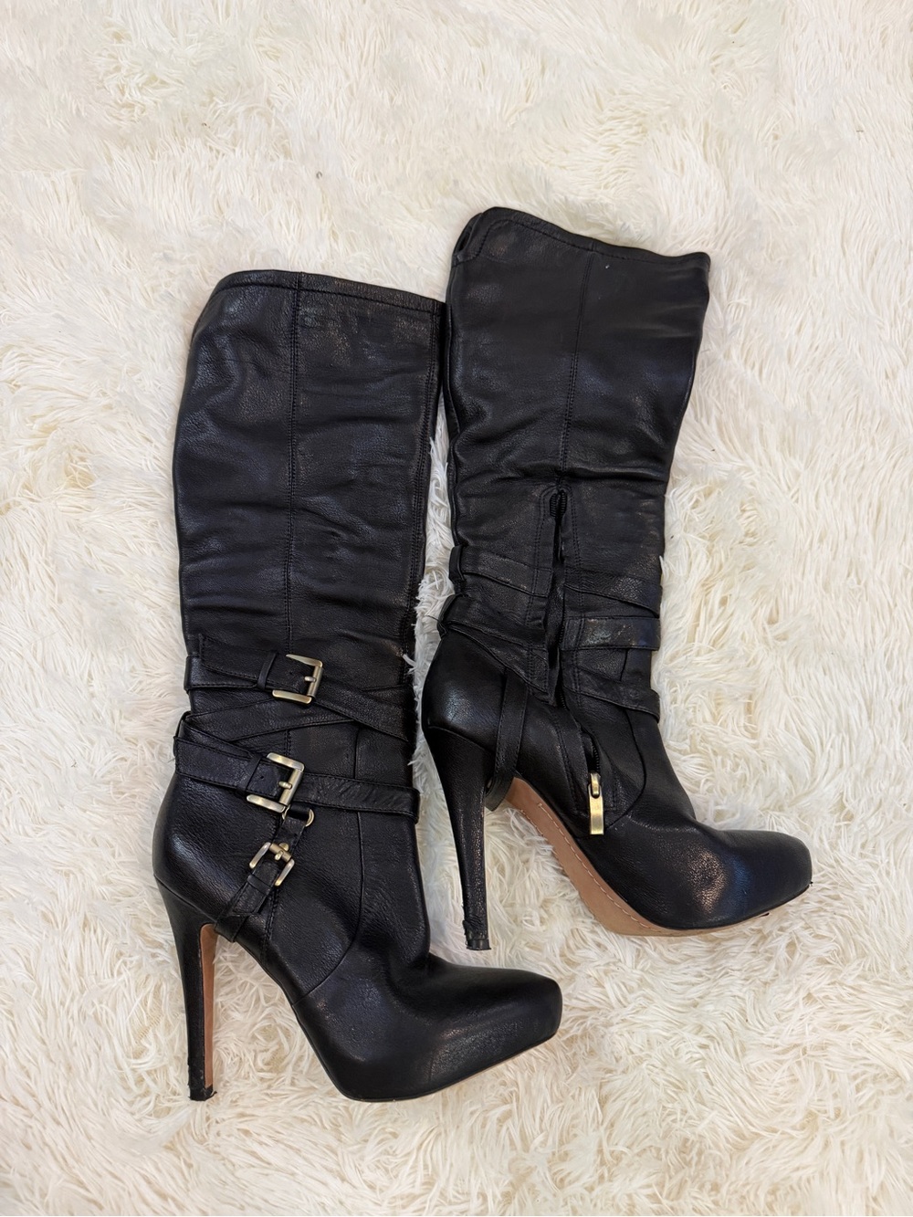 Women's Black High-Heel Knee Boots with Buckle Accents